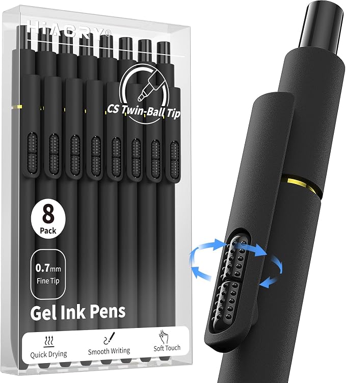 Hiacry 8 Pcs Gel Pens, Quick-Dry Long Lasting Black Ink-0.7mm Fine Point | Smooth Writing Fidget Pens, Stress Relief, No Smear, No Bleed, Journaling, Note Taking, Work,School,Office, Students & Adults
