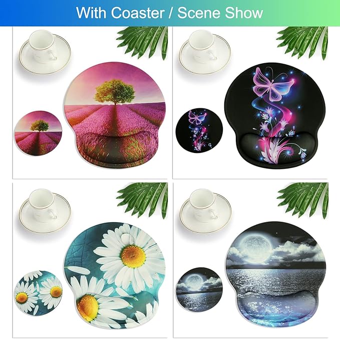 Ergonomic Mouse Pad with Wrist Support Rest,Large Mousepad Gel Wrist Rest, with Coaster Non-Slip & Pain Relief for Computer, Desk, Home&Office-Moon Ocean
