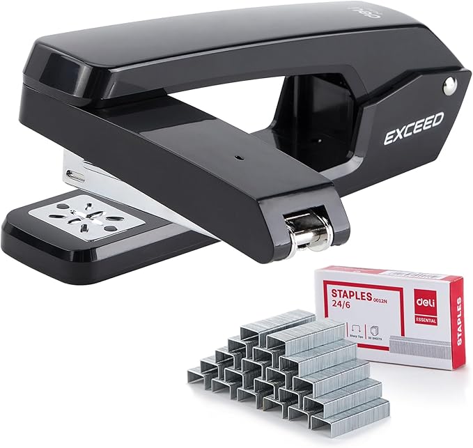 Deli/EZWORK Swing-Arm Swivel Stapler, 25 Sheets Capacity, 360 Degree Rotate Desk Staplers with 1000 Staples for Booklet or Book Binding, Black