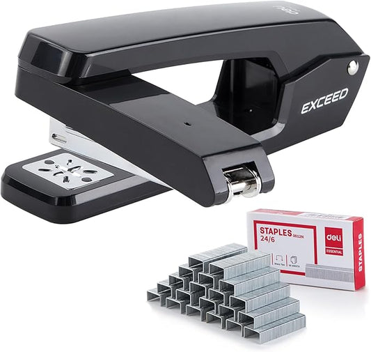 Deli/EZWORK Swing-Arm Swivel Stapler, 25 Sheets Capacity, 360 Degree Rotate Desk Staplers with 1000 Staples for Booklet or Book Binding, Black
