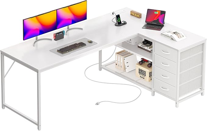 61" L Shaped Desk with Power Outlets & 4 Drawers | Reversible Computer Desk with 2 Storage Shelves, Large Corner Office Desk for Gaming Writing Work Study, White