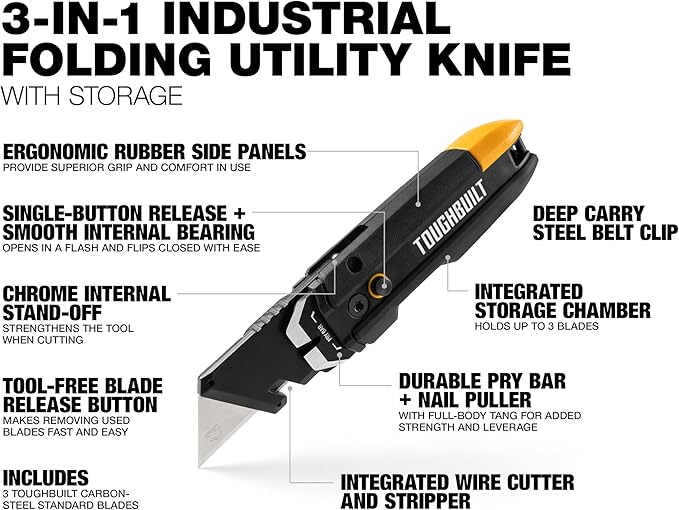 ToughBuilt – Prybar Utility Knife with Blade Storage, Heavy-Duty Folding Utility Knife with Built-In Prybar, Scraper Edge, Wire Cutter, Internal Blade Storage, All-Metal Construction (TB-H4-12-IST)