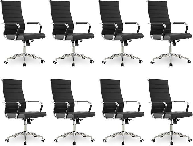 Okeysen Office Desk Chair, Ergonomic Leather Modern Conference Room Chairs, Executive Ribbed Height Adjustable Swivel Rolling Chair for Home Office Set of 8. (Black)