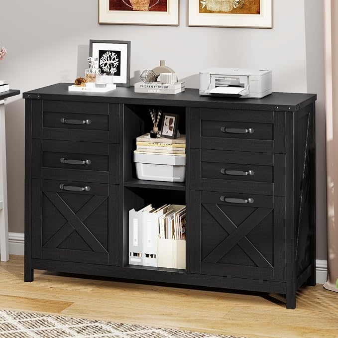 Halitaa Farmhouse Lateral File Cabinet with 6 Drawers, Rustic Black | Lateral Filing Cabinet for Letter/A4 Size Hanging File, Wood File Storage Cabinet Printer Stand for Home Office Cabinet