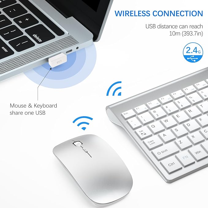Wireless Keyboard and Mouse Ultra Slim Combo, TopMate - Silver White | 2.4G Silent Compact 2400DPI Mouse and Scissor Switch Keyboard Set with Cover, Batteries Included, for PC/Laptop/Windows/Mac