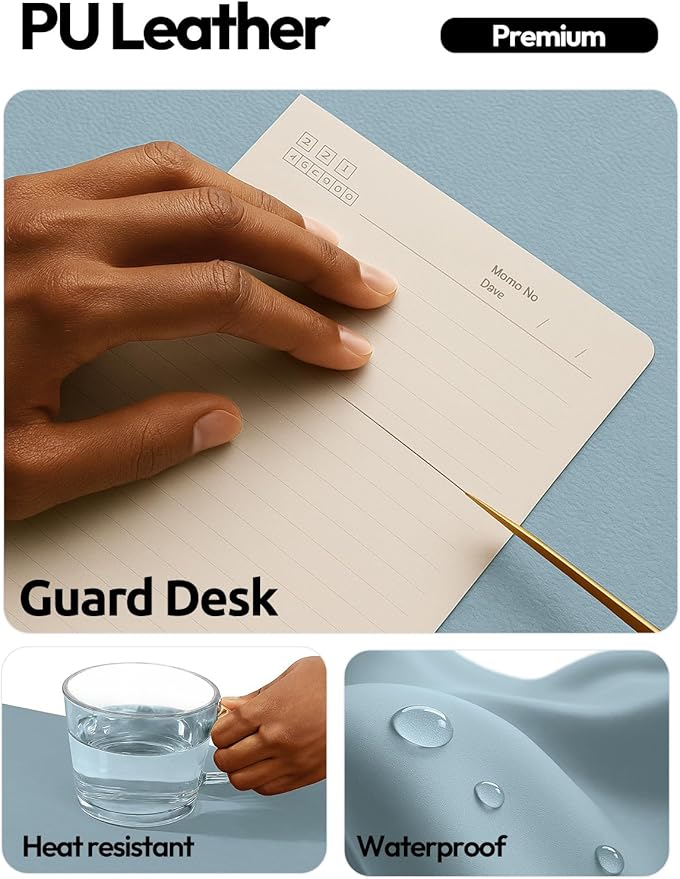 YSAGi Leather Desk Protector, Office Mat, Large Mouse Mat, Non-Slip PU Leather Blotter, Laptop Pad, Waterproof Writing Pad for Office and Home (Ice Blue, 35.4" x 17")