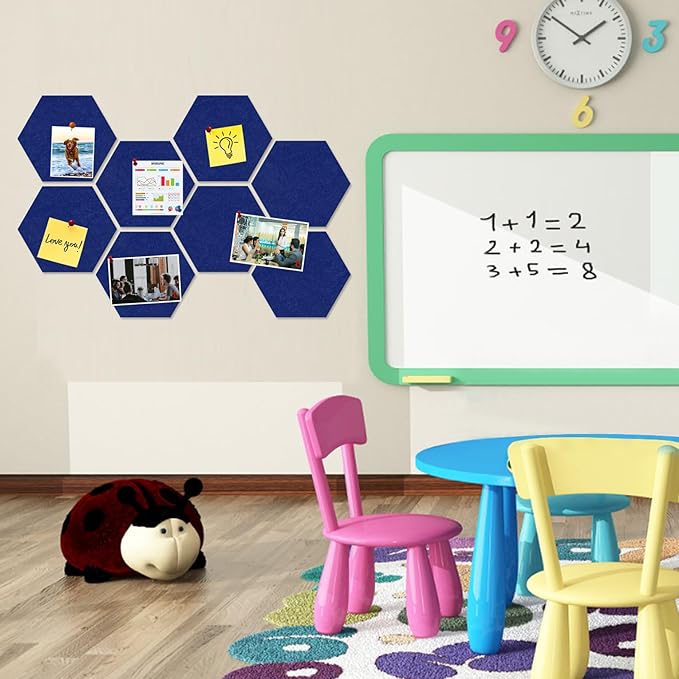 Large Hexagon Felt Cork Board Tiles, Self Adhesive DIY Felt Bulletin Board Pin Board with 35 Pushpins for Office School Home Wall Decor Stickers Memos Photos Display(Dark Blue)