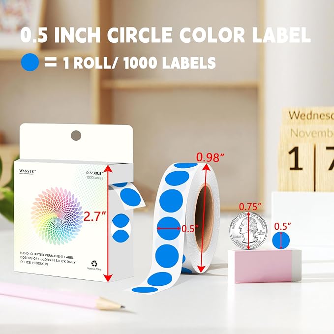 1000 PCS Colored Dot Stickers 1/2" Round Circle Colored Coding Labels Dot Stickers for Toddlers,Classroom,Office (Blue)