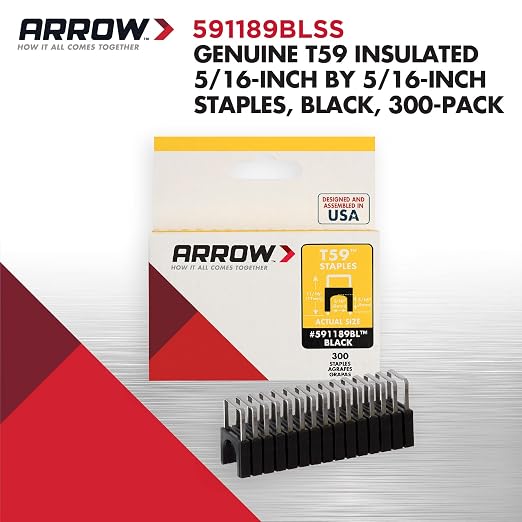 Arrow 591189BLSS Genuine T59 Stainless Steel 5/16-Inch Leg Length by 5/16-Inch Crown Width Insulated Staples for Cable and Wiring, Black, 300 Count