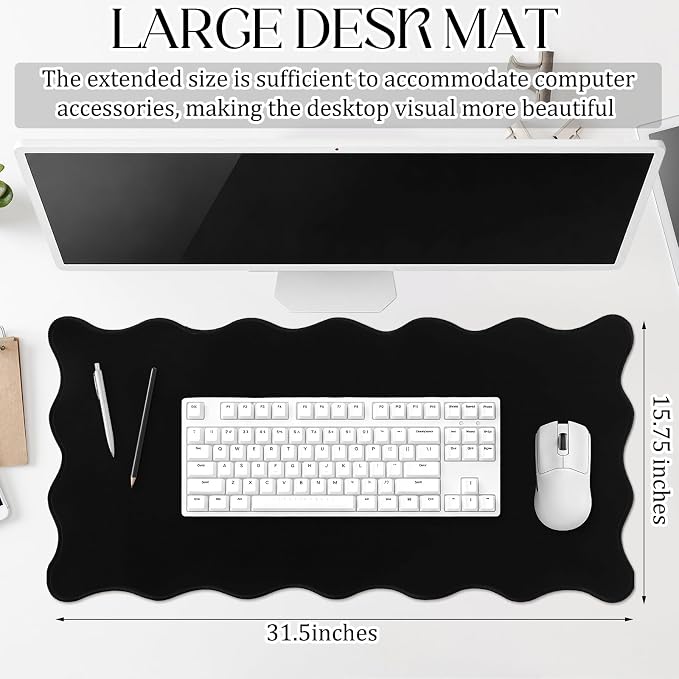 Hahafelt Scalloped Desk Mat Waterproof,Black,31.5 X 15.8 Inches | Coquette Preppy Style for School Office Makeup Vanity, Nonslip Gaming Desktop Protector with Scalloped Stitched Edge Mat