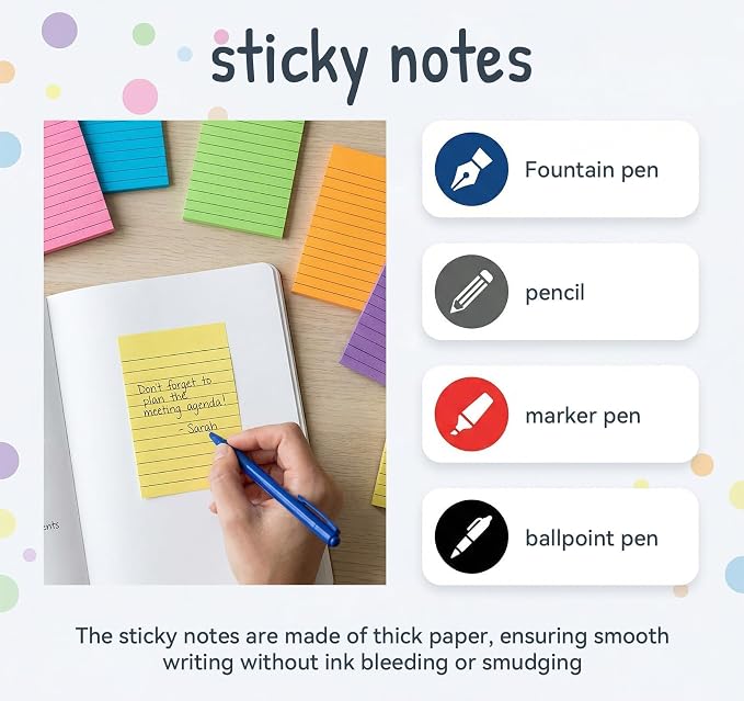 Lined Sticky Notes 4x6 in,500 Sheets 2X Sticking Powerx for Home,School | 50 Sheets/10 Pack Bright Large Ruled Post,Clean Removal,Self Sticky Super Memo Pads for Enterprise,Office & Corporate to Bulk