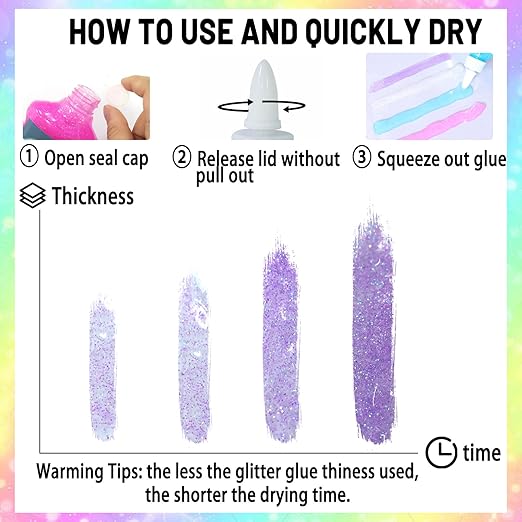 Matio Glitter Glue, 4 Pack Glitter Liquid Glue Non-Toxic Washable 6 FL OZ Each Bottle Assorted Color Glue Stick White Blue Pink Purple Gel Pen for DIY Slime Craft, Painting Art, Christmas Decor Supply