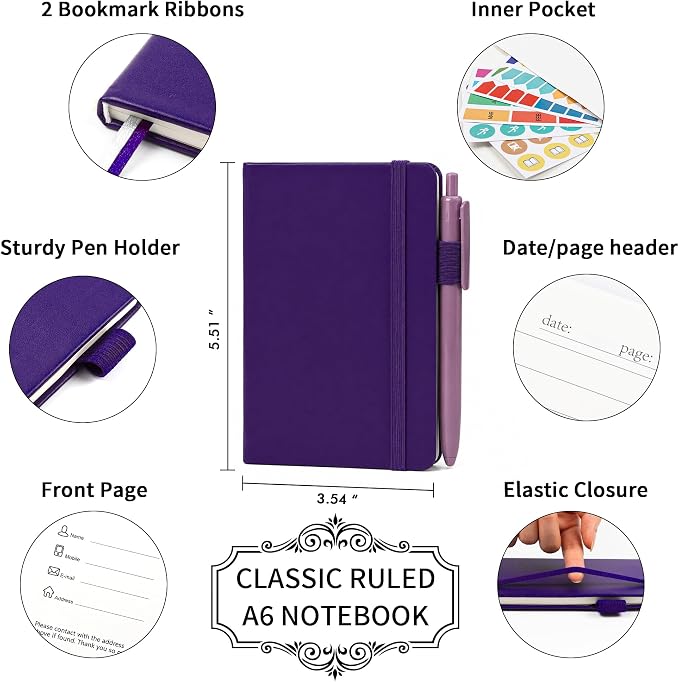 feela 3 Pack Pocket Notebook Journals, Mini Cute Small Journal Notebook Bulk Hardcover College Ruled Notepad with Pen Holder for Office School Supplies, with 3 Black Pens, 3.5”x 5.5”, A6, Purple