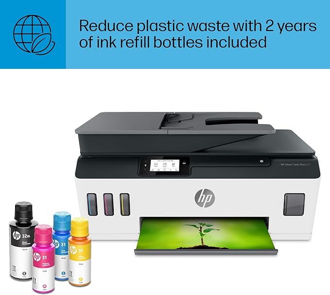 HP Smart Tank Plus 651 Wireless All-in-One Printer, Ink Tank Printer-for-Home Use, 2 Years of Ink Included Auto Document Feeder, Mobile Print, Scan, Copy, Fax, an EcoTank Alternative (7XV38A)