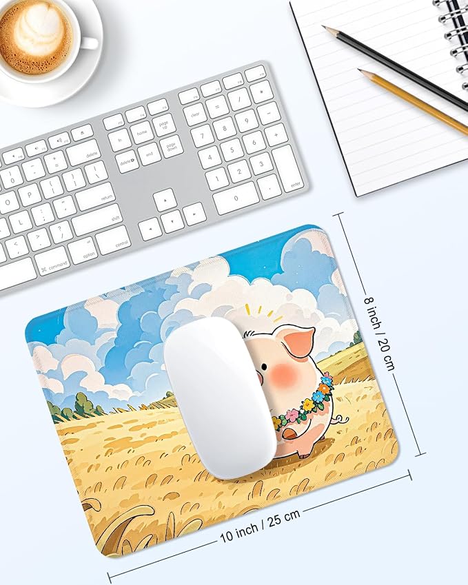 Mouse Pad, Cute Mouse Mat, 10" x 8", Flower Piggy | Square Waterproof Gaming Computer Mat, Textured Top, Stitched Edges, Non-Slip Rubber Base for Office Home Laptop Keyboard