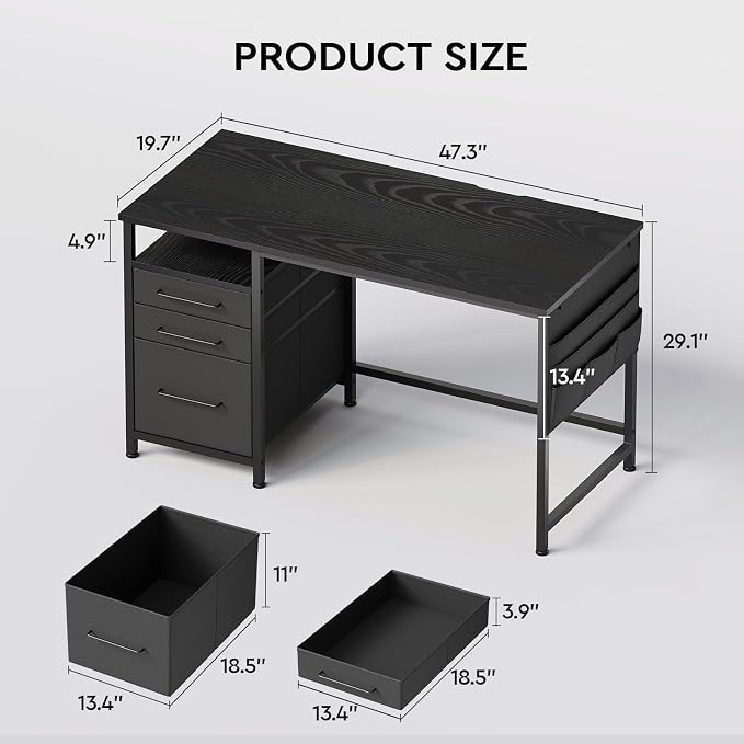 Small Desk with Drawers, Office Desk with Storage Shelves, Black | 47 Inch Desktop, Metal Frame, 3 Fabric Drawers, Storage Shelves, Computer & Writing Desk, Office Gaming Workstation