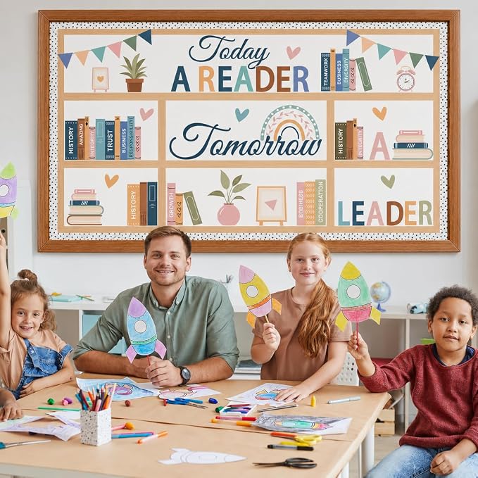 Boho Bookshelf Reading Bulletin Board Set – 80PCS Motivational Library Decor with Rainbow & Inspirational Cutouts – Read Themed Classroom Supplies for Back to School, Home & Wall Displays