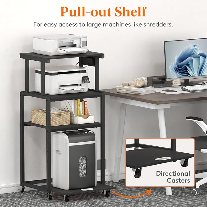 Lifewit 4 Tier Printer Stand with Power & Wheels, Office Cart, Black | Rolling cart with wheels and adjustable shelf, for shredder scanner fax, home office storage, holds 340 lbs heavy duty