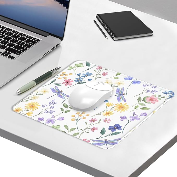 Mouse Pad with Stitched Edge, Multiple Patterns Computer Mouse Pads with Non-Slip Rubber Base, Washable Cloth Mousepad, for Gaming, Laptop, PC (Dragonfly Meadow)