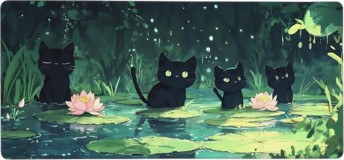 Cute Anime Black Cat Gaming Mouse Pad, Forest Green Anime Desk Mat with Anti-Slip Base & Stitched Edges,35.4" x 15.7" in Desk Accessories for Women, Home Office Decor & Artistic Gift