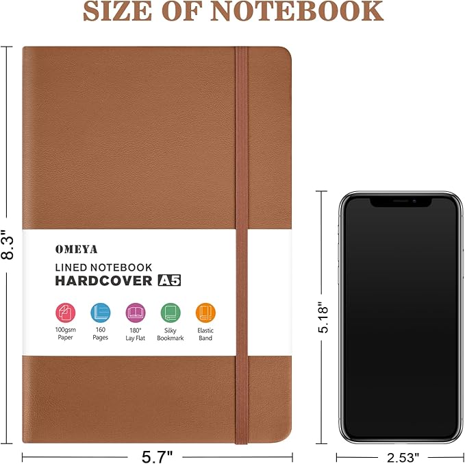 OMEYA 4 Pack Lined Journal Notebooks for Work, 100gsm Thick Paper, 5.7"x 8.3", College Ruled A5 Notebook Bulk, Leather Journal for Writing, Hardcover Notebooks for School, Office, Journal for Men