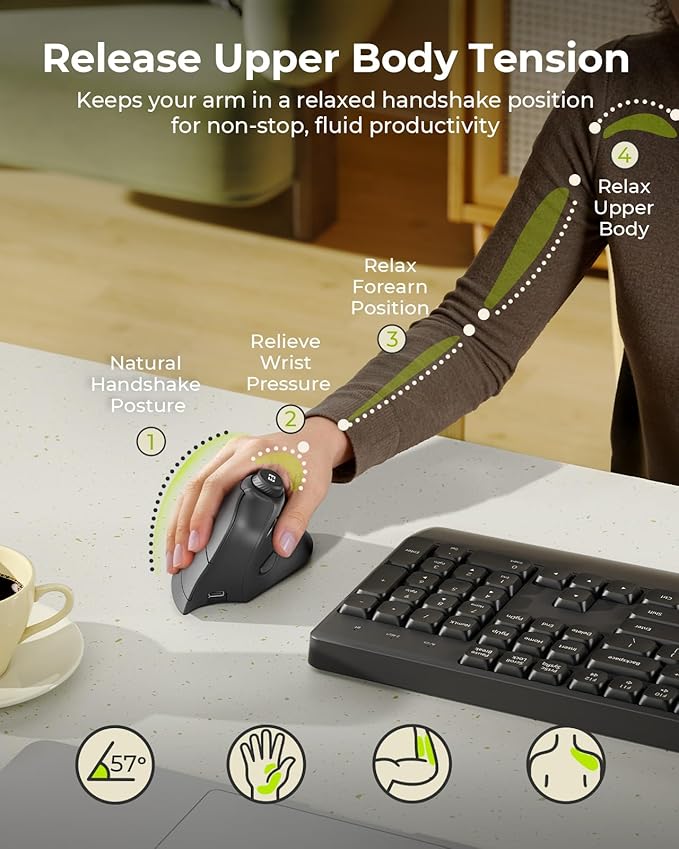 seenda Ergonomic Mouse Wireless, MOU-302 Bluetooth Vertical Mouse Rechargeable, Optical Mice with 1000/1600/2400 DPI, Volume Knob, 3 Multi-Device Connectivity for Computer/PC/Laptop/Mac, Black