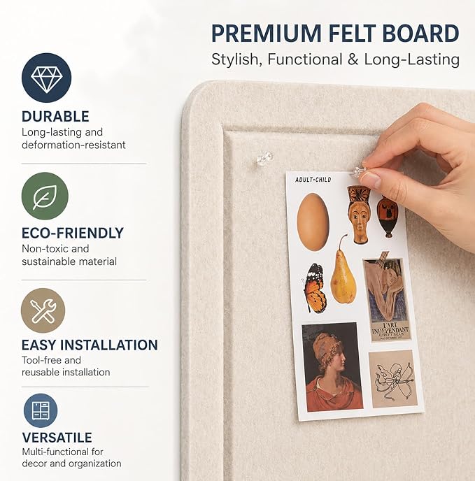 Felt Bulletin Board for Wall 36" x 24" Unfolded Size, Frameless Felt Pin Board, Soft Cork Board Alternative for Office, Home Planning, Notes, Photos & Wall Decor, Foldable Shipping, Easy Install