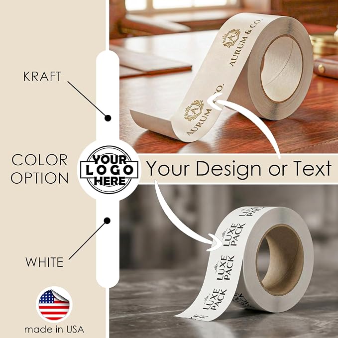 COACO Personalized Design Packing Tape | Custom Water Activated Shipping Tape, Custom Design, Strong Seal, Reinforced Gummed Paper Base for Small Business & E-Commerce Packaging, Kraft (300')