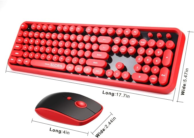 Red Wireless Keyboard and Mouse Combo,Typewriter Bubble Keys,for PC Laptop | Retro Round Keycaps,Clicky Sound,2.4GHz USB Receiver,Creamy Aesthetic Style,Full Size with Number Pad for Computer Desktop