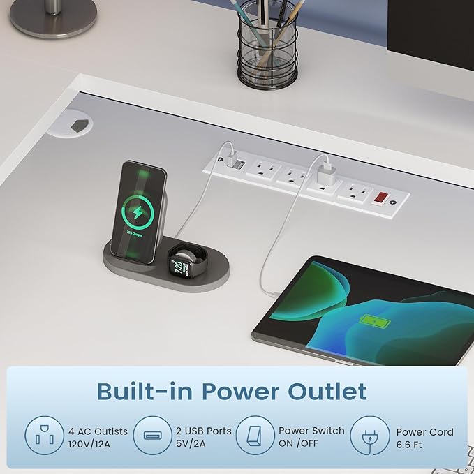 SEDETA 66" Reversible L Shaped Computer Desk with Power Outlet, File Drawer | Home Office Desk with Monitor Shelf, Storage Shelves, LED Lights for Corner Small Spaces, Gaming, White