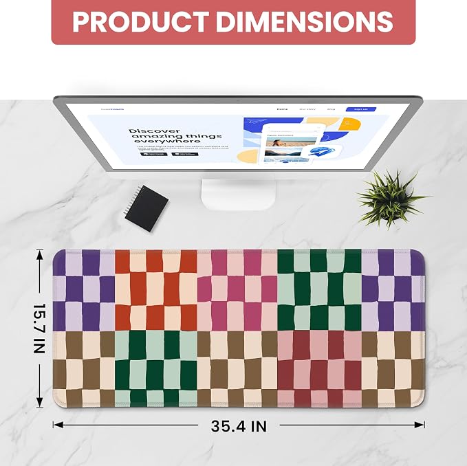 Aesthetic Desk Mat, Cute Checkered Pattern Desk Pad Protector for Work & Decor, 35.4" x 15.7", Pretty Non-Slip Extended Mouse Pad for Office or Home