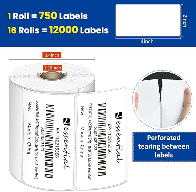 ESSENTIAL 4 x 2 Inches Direct Thermal Barcode Labels, Shipping Labels, 750 Labels of Roll, Compatible with Zebra Printers (16 Roll-12000 Tags)