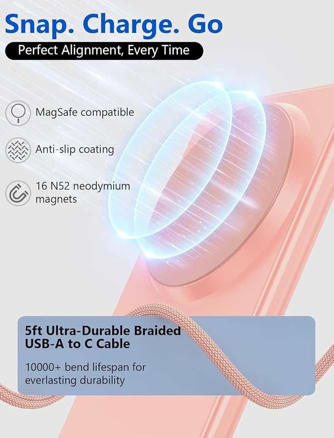 Mag.Safe Charger - Magnetic Wireless Charger for iPhone 12-17, Pink | Fast Charging | Magnetic iPhone Charging | for iPhone Charger Stand