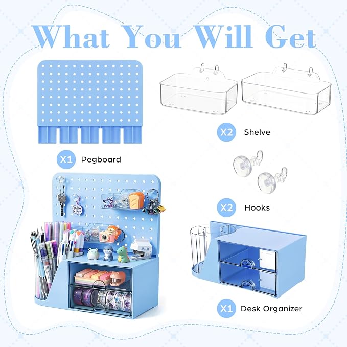 Novabright Desk Organizer with Drawers, Rotating Pen Holder with 5 Slots & Pegboard, Back to School & First Day of School Gifts, Multifunctional Desktop Storage for Desk Home Office Supplies(Blue)