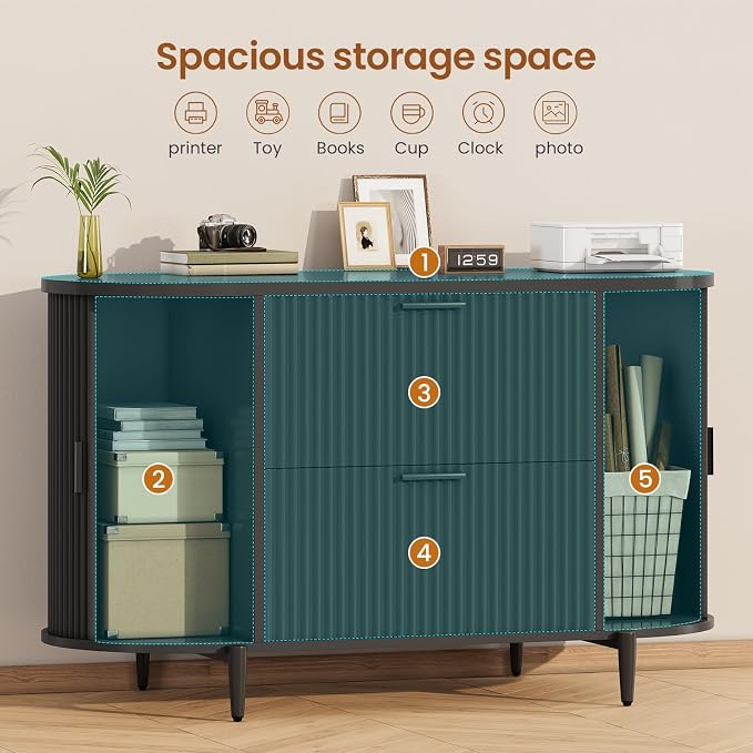 SEDETA Fluted 2 Drawer Filing Cabinet with 2 Sliding Door for Home Office | 39.4" File Cabinet for Home Office,fit Legal/Letter/A4 Siz,Modern File Cabinet with 2 Drawers,Printer Stand,Black