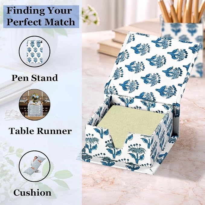 CPC Apatite Blue Block Print Cotton Desk Organizer Sticky Note Holder | Cute, Aesthetic, Decor Accessories, Workspace Organizers, Caddy Storage, Gift for Office, Professionals, Student