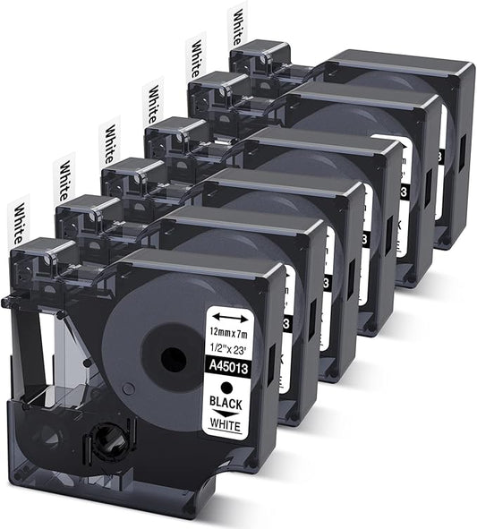 6-Pack Compatible with Dymo D1 Label Tape 45013 1/2 Inch x 23 Ft Replace for DYMO Label Maker Refills d1 a45013 S0720530 Black on White 45013s for LabelManager 160 280 210D 360D 420P PnP