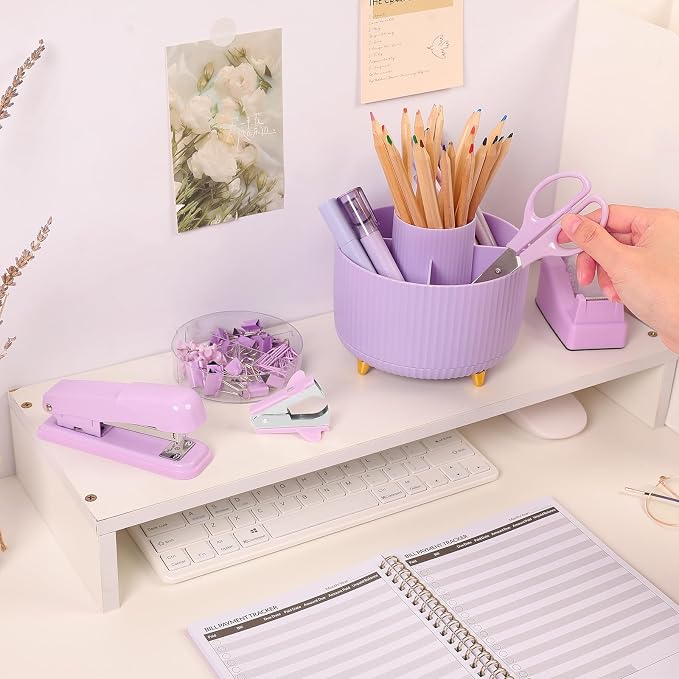 SKYDUE Purple Office Supplies Set with Pencil Holder for Desk,11 PCS | Desk Supplies Sets with Stapler,Tape Dispenser, Scissors, Ruler, Binder/Paper Clips and 1000pcs Staples,Office Decor