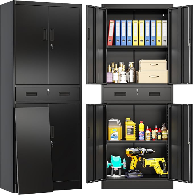BESFUR Metal Storage Cabinet with 1 Drawer and Adjustable Shelves, 71" H Reinforced Heavy Duty Locking Storage Cabinet for Office, Garage, Home, School, Utility(Black)