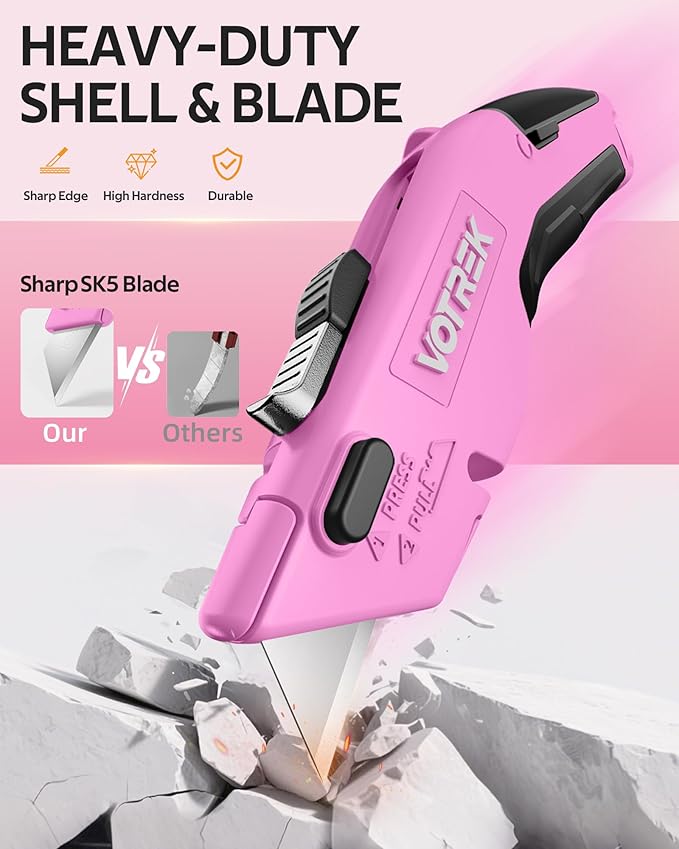 VOTREK® Box Cutter Utility Knife, 2-in-1 Safety Retractable Box Cutter for Women, Quick Change Razor Knife for Home, Office & DIY, Blade Storage Design, with Extra Sharp Razor & Hook Blades (Pink)
