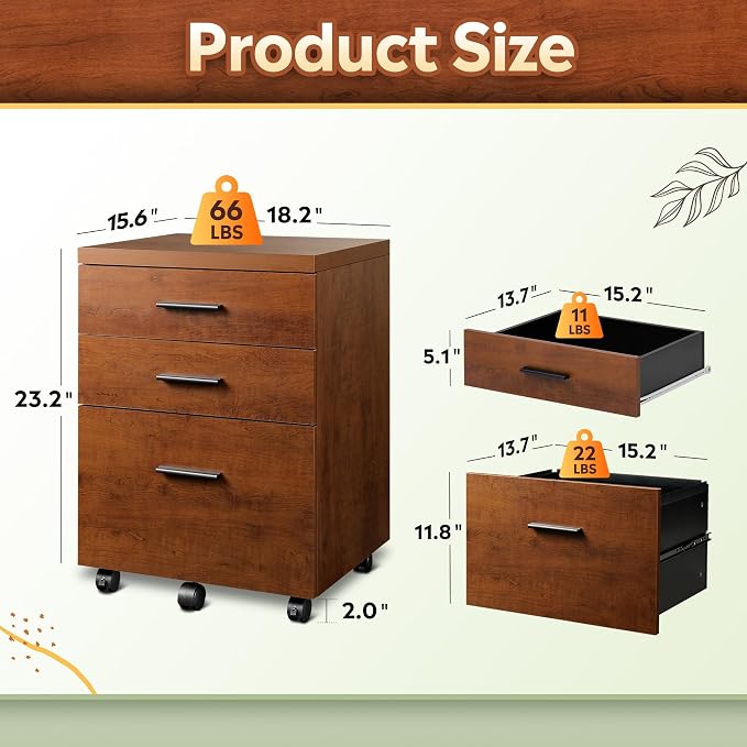 DEVAISE 3 Drawer File Cabinet, Wood Under Desk Filing Cabinet, Walnut | Rolling Printer Stand, Small Storage Cabinet with Wheels, Fits Legal/Letter/A4 Size, Home Office