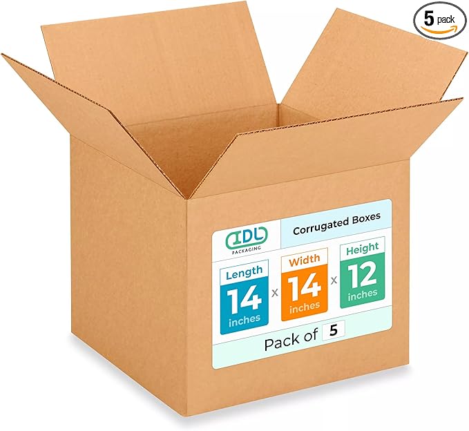 Medium Moving & Shipping Boxes 14 x 14 x 12 inches (5-Pack) - Extra Strength 200 lb vs Regular - USA-Made Corrugated Cardboard Boxes for USPS/UPS/FEDEX - Pack of Moving Box by IDL Packaging