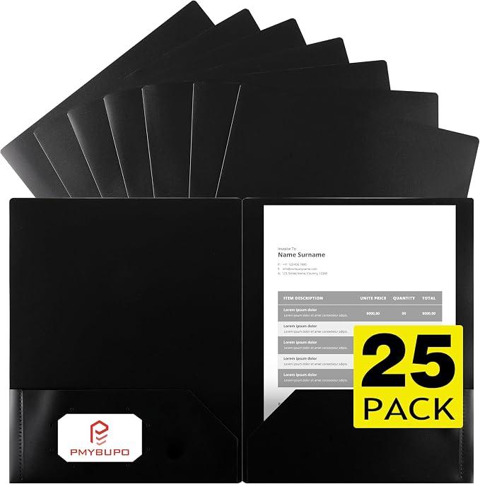 pmybupo 25 Pack Black 2 Pocket Folders,Heavy Duty Plastic Folders for Letter Size Paper,Heavy Duty Poly,Long Lasting,Includes Labels.