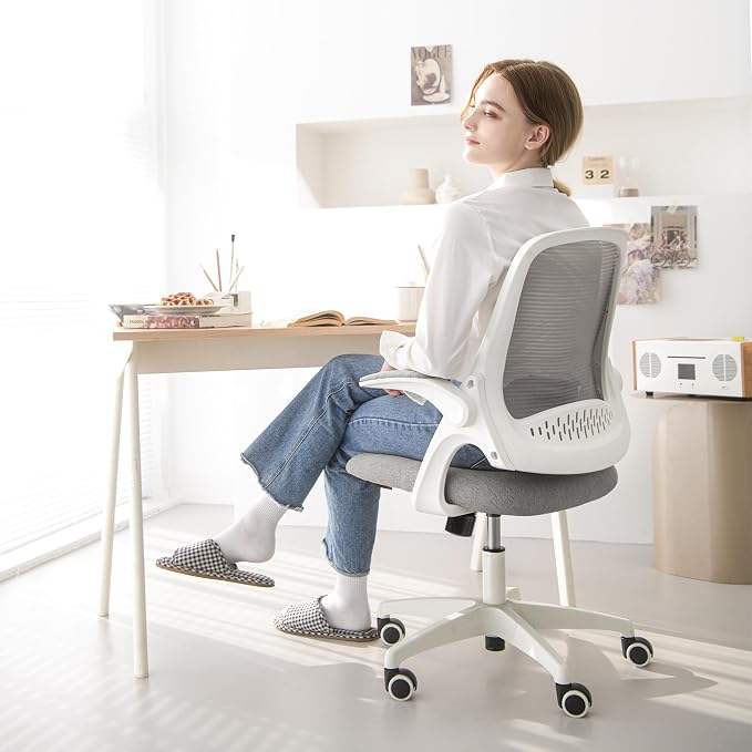 NEO CHAIR Office Desk Chair, Ergonomic Mesh with Flip-Up Armrests, Grey | Lumbar Support, Height Adjustment, 360° Swivel and Rolling Base, Space-Saving Design for Home Office, Vanity or Study