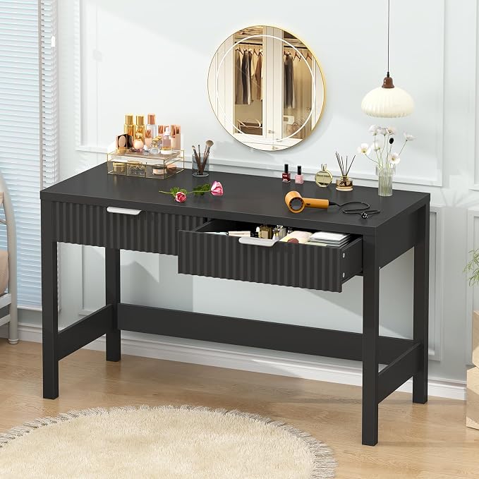 47 Inch Small Fluted Computer Desk with 2 Drawers for Bedroom, Home Office | Small Computer Desk with Storage, Compact Writing Study Vanity Desk for Small Spaces, Black