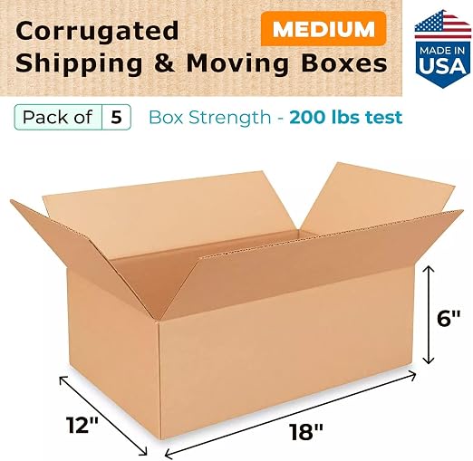 Medium Moving & Shipping Boxes 18 x 12 x 6 inches (5-Pack) - Extra Strength 200 lb vs Regular - USA-Made Corrugated Strong Cardboard Boxes Moving and Delivering - Medium Square Box by IDL Packaging | Extra Strength 200 lb vs Regular - Corrugated Strong...