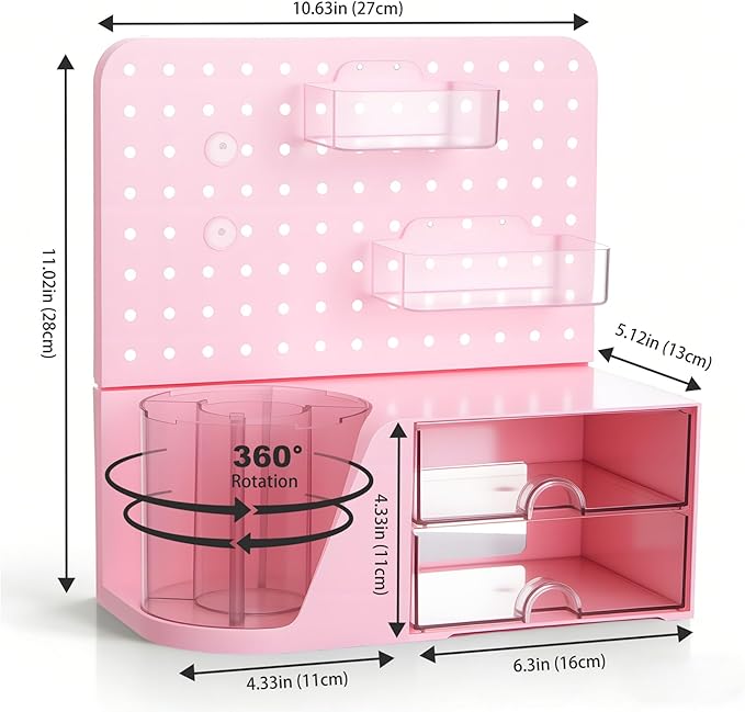 Comix Desk Organizer with 2 Drawer, Multifunctional Pen Holder for Desk, Desktop Organizer with Pegboard + Drawer + 5 Slots Pencil Holder for Office Home Art Supplies (Pink)