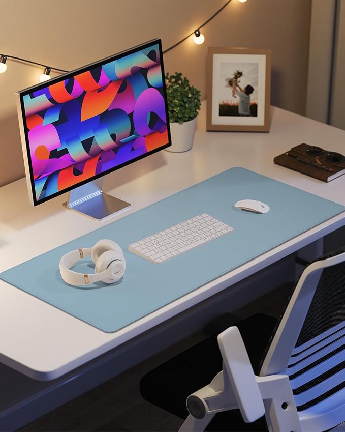 PU Leather Desk Mat Protector - 36"x17" Large Non-Slip Office Desk Pad, Waterproof Keyboard & Mouse Pad, Premium Workstation Cover for Home & Office (Light Blue)
