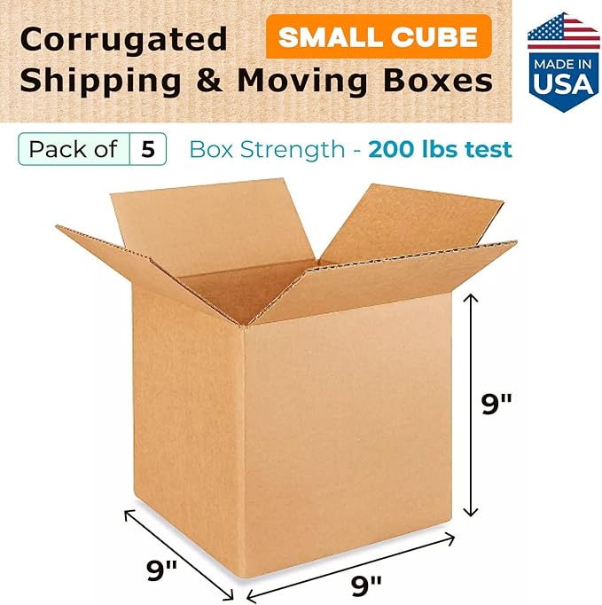 Small Cube Moving & Shipping Boxes 9 x 9 x 9 inches (5-Pack) - Extra Strength 200 lb vs Regular - USA-Made Corrugated Durable Cardboard Boxes - Box for Packaging - Moving Supplies Box by IDL Packaging