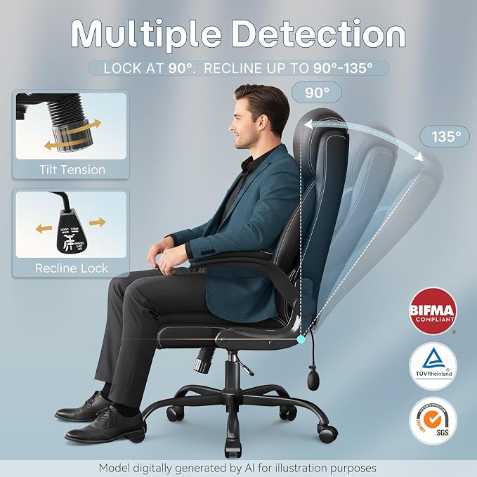 Ergonomic Office Chair, Big and Tall Office Chair, Executive Chair- Padded Leather Comfy Chair with Adjustable Lumbar Support & Flip-Up Arms, Rocking Swivel Chair for Home Office,Black
